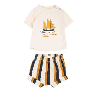 Miki Miette Cream and Mustard Striped Baby Matching Set - Sailboat Tee & Shorts